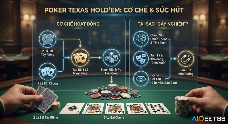 Tổng quan cơ chế và sức hút gây nghiện của cách chơi Poker Texas Holdem, chi tiết về chiến thuật, tâm lý và đọc vị đối thủ