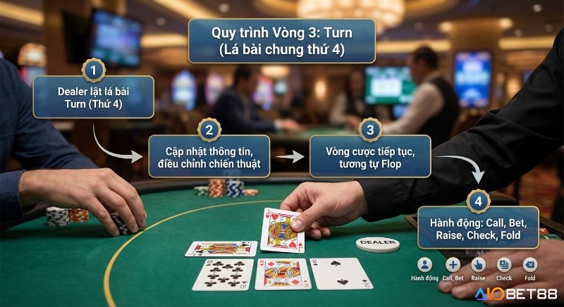 Quy trình Vòng 3 Turn Texas Hold'em, lật lá bài chung thứ 4, điều chỉnh chiến thuật và các hành động cược