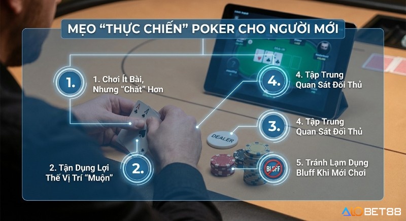 Checklist mẹo thực chiến Poker cho người mới, hướng dẫn cách chơi bài chất, tận dụng vị trí muộn và quan sát đối thủ để không bị úp sọt