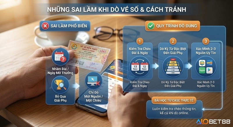 Sơ đồ chỉ dẫn những sai lầm phổ biến khi dò vé số kiến thiết và quy trình 3 bước kiểm tra chéo đài, ngày, dò kỹ giải phụ, xác minh nguồn uy tín