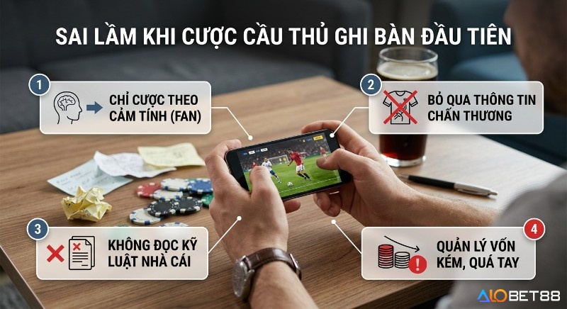 Checklist 4 sai lầm cần tránh khi đặt cược cầu thủ ghi bàn đầu tiên là gì: cảm tính, bỏ qua chấn thương, luật nhà cái và quản lý vốn