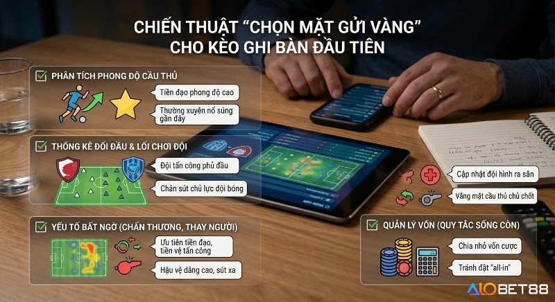 Checklist 4 bước chiến thuật "chọn mặt gửi vàng" kèo ghi bàn đầu tiên, phân tích cầu thủ, lối chơi, yếu tố bất ngờ, và quản lý vốn