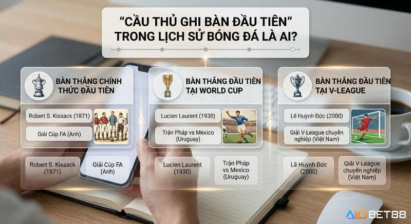 Tổng hợp lịch sử cầu thủ ghi bàn đầu tiên là gì tại các giải đấu lớn: Robert S. Kissack (FA Cup), Lê Huỳnh Đức (V-League), Lucien Laurent (World Cup)