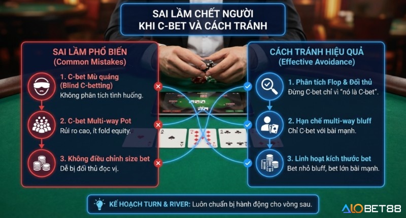 Bảng hướng dẫn so sánh sai lầm chết người khi C-bet và cách tránh, từ blind betting đến linh hoạt kích thước bet