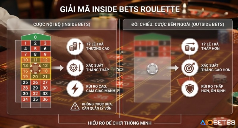Bảng so sánh chi tiết Inside Bets Roulette (cược nội bộ) và Outside Bets, làm rõ tỷ lệ trả thưởng, xác suất thắng và rủi ro giúp chơi thông minh trong inside bets roulette là gì