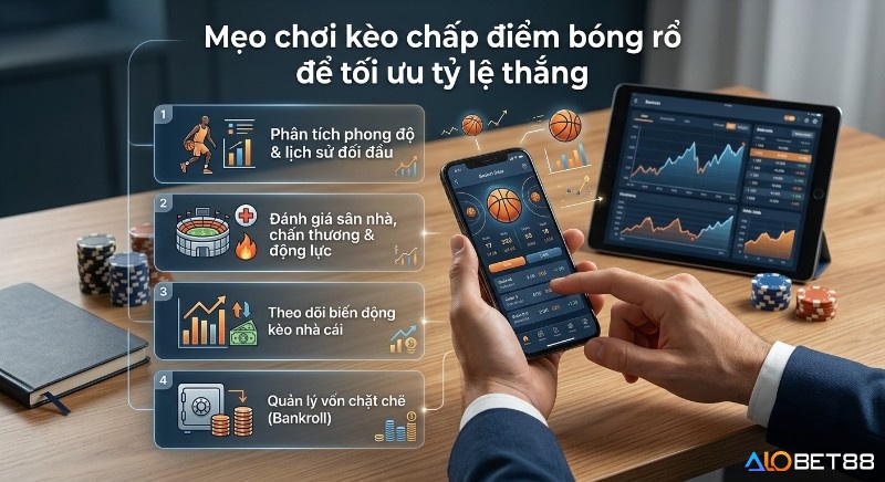 Checklist 4 mẹo chơi kèo chấp điểm bóng rổ tối ưu tỷ lệ thắng, từ phân tích phong độ, đánh giá yếu tố trận đấu đến quản lý vốn