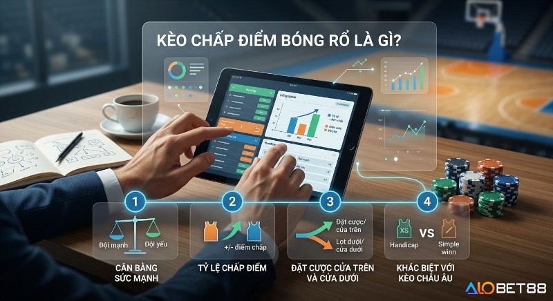 Quy trình 4 bước giải thích kèo chấp điểm bóng rổ, từ cân bằng sức mạnh đến cách đặt cược và phân biệt kèo Châu Âu