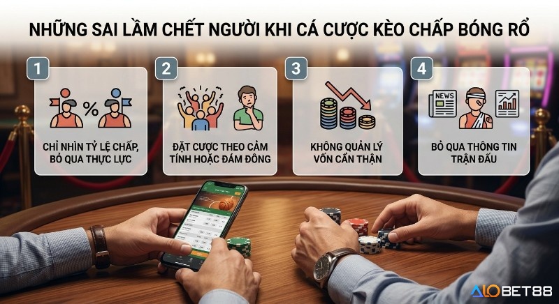 Checklist 4 sai lầm chết người khi cá cược kèo chấp điểm bóng rổ: chỉ nhìn tỷ lệ chấp, theo cảm tính, không quản lý vốn, bỏ qua thông tin trận đấu