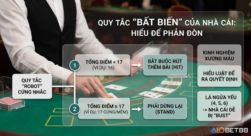 Tổng quan quy tắc bất biến của nhà cái Blackjack: Rút bài dưới 17, dừng trên 17, giúp người chơi tận dụng lá ngửa yếu để phản đòn