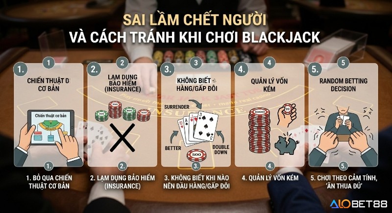 Checklist 5 sai lầm khi chơi Blackjack, giúp người mới tránh các lỗi cơ bản, lạm dụng bảo hiểm và quản lý vốn kém