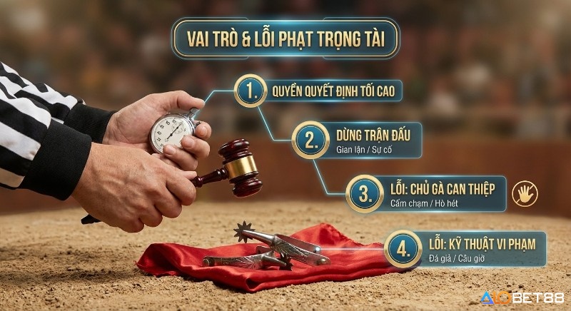 Tổng quan vai trò trọng tài và các lỗi phạt thường gặp trong đá gà cựa dao: quyền tối cao, dừng trận, chủ gà can thiệp
