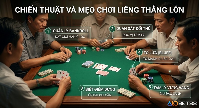 Tổng hợp 5 chiến thuật chơi liêng cơ bản chơi Liêng giúp thắng lớn, từ quản lý vốn, đọc vị đối thủ đến tố lừa và giữ tâm lý vững vàng