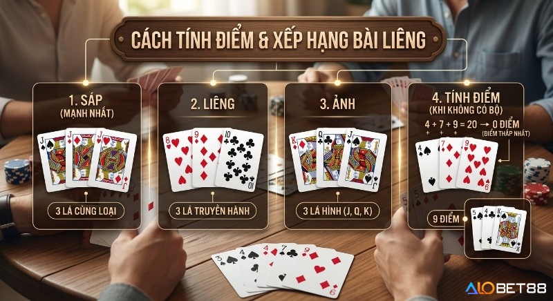 Luật chơi liêng cơ bản: tính điểm và xếp hạng các bộ bài Liêng, từ Sáp, Liêng, Ảnh đến cách tính điểm phổ thông và ví dụ 0 điểm