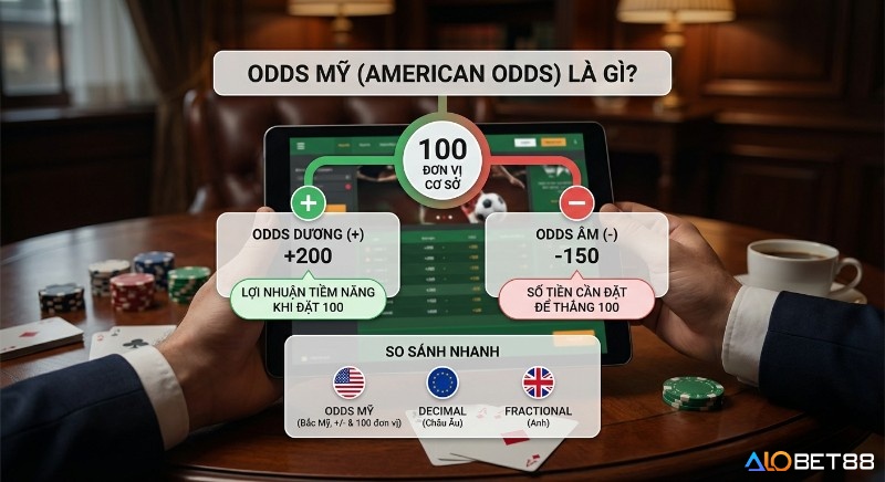 Hướng dẫn chi tiết Odds Mỹ American là gì dựa trên 100 đơn vị cơ sở, giải thích odds dương/âm và so sánh nhanh với Decimal, Fractional