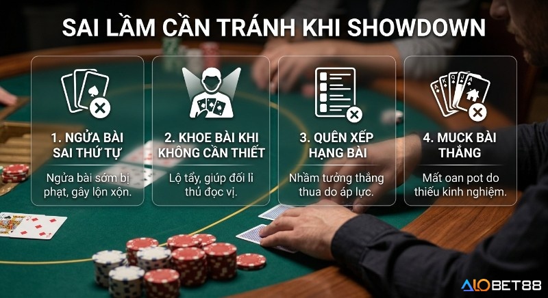 Tổng hợp 4 sai lầm cần tránh khi Showdown poker là gì, giúp người chơi không mắc lỗi ngửa bài, khoe bài, quên xếp hạng hay muck bài thắng