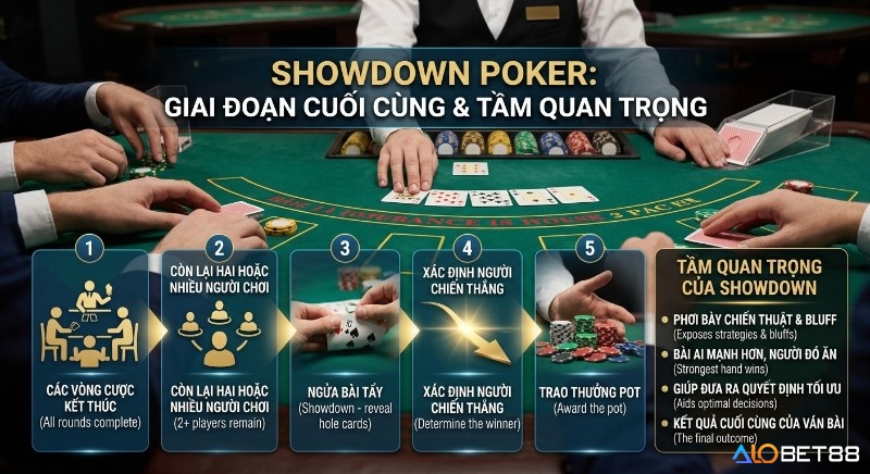 Quy trình 5 bước Showdown poker là gì: ngửa bài tẩy xác định người thắng, phơi bày chiến thuật, hỗ trợ quyết định tối ưu