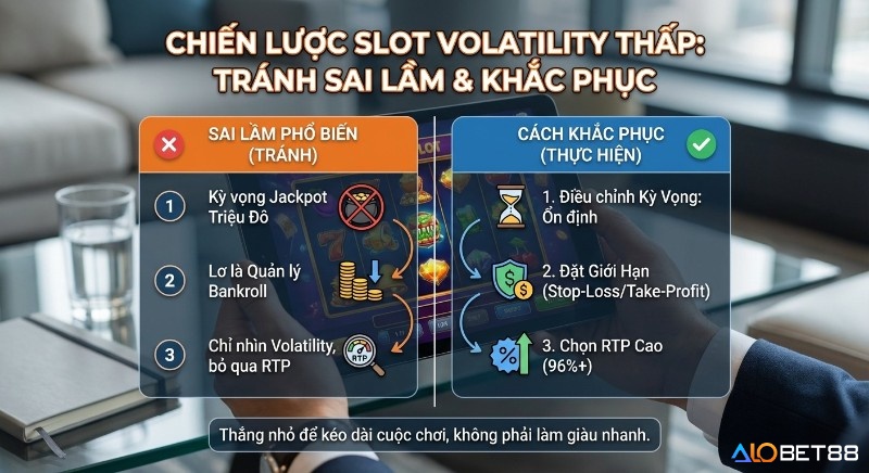 Hướng dẫn chi tiết 3 sai lầm thường gặp khi chơi Slot Volatility Thấp và 3 cách khắc phục hiệu quả, tập trung vào RTP và quản lý bankroll