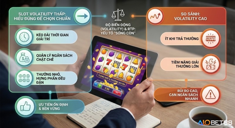 Bảng so sánh độ biến động slot game thấp và cao, hướng dẫn người chơi chọn đúng để quản lý ngân sách hiệu quả