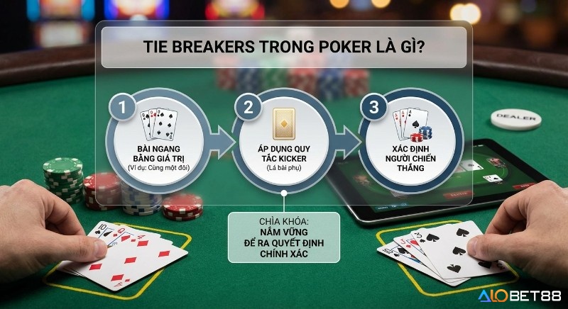 Quy trình 3 bước xử lý Tie breakers trong poker, hướng dẫn áp dụng quy tắc Kicker để xác định người chiến thắng chính xác