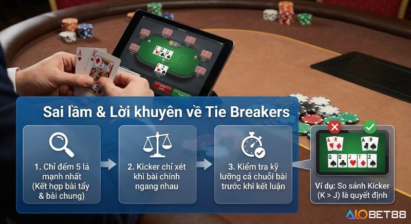 Quy trình 3 bước tránh sai lầm Tie breakers trong poker: đếm 5 lá mạnh nhất, hiểu kicker và kiểm tra kỹ lưỡng chuỗi bài (K>J)