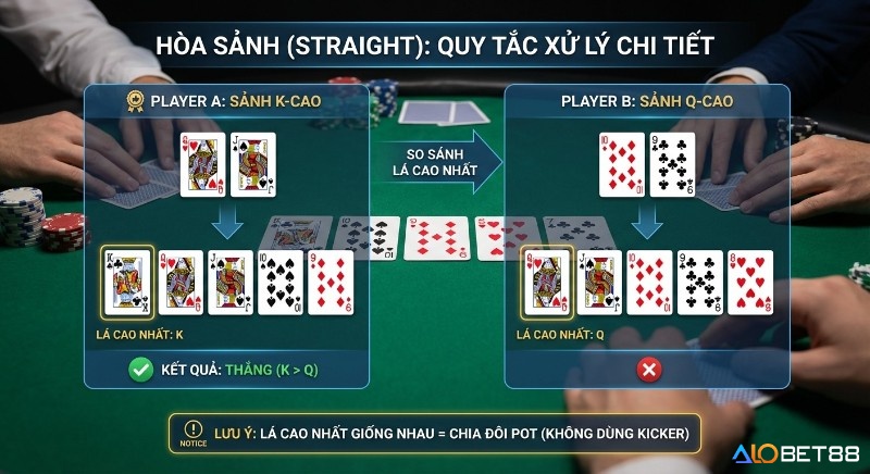Bảng hướng dẫn so sánh sảnh (straight) trong poker, chi tiết cách xác định bài thắng bằng lá cao nhất (K-cao vs Q-cao) và quy tắc tie breakers trong poker chia pot