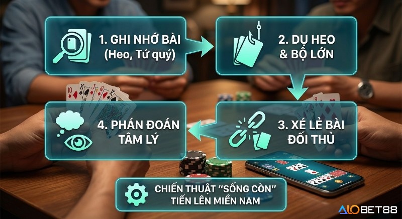 Sơ đồ 4 bước chiến thuật sống còn Tiến lên miền nam là gì: ghi nhớ bài, dụ heo, xé lẻ bài và phán đoán tâm lý đối thủ