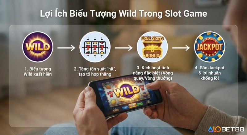 Quy trình 4 bước lợi ích biểu tượng Wild trong slot game, giúp tăng tần suất thắng, kích hoạt vòng quay miễn phí và săn Jackpot khổng lồ