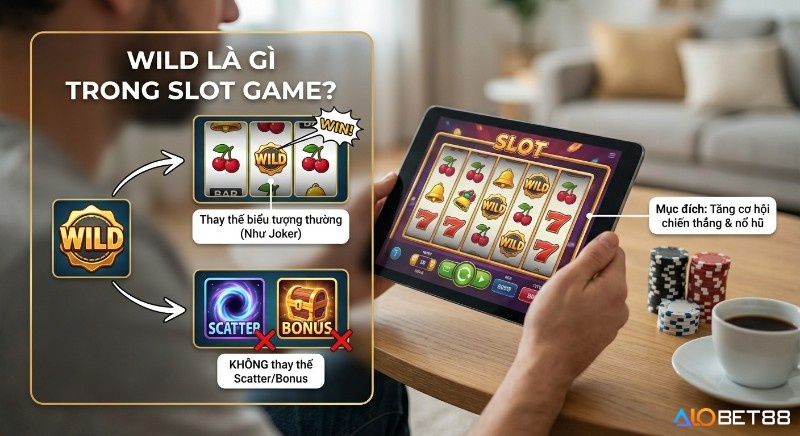 Hướng dẫn Wild là gì trong slot game, cách nó thay thế biểu tượng thường để tăng cơ hội chiến thắng và nổ hũ, không thay Scatter/Bonus