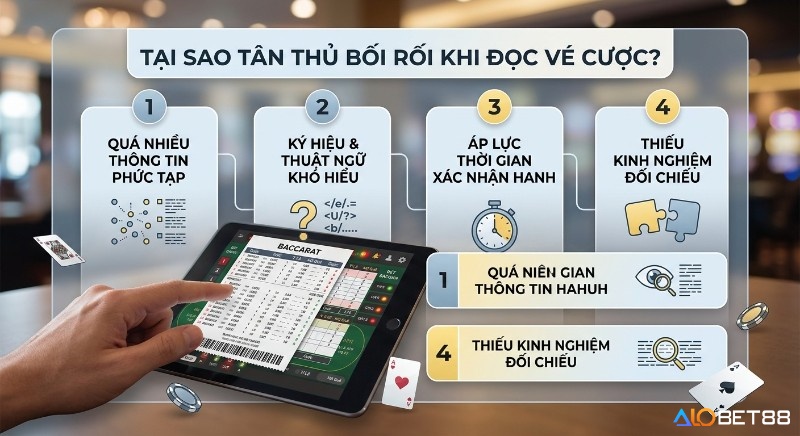 Quy trình 4 bước giải thích tại sao tân thủ bối rối với vé cược Baccarat, từ thông tin quá tải đến thiếu kinh nghiệm đối chiếu