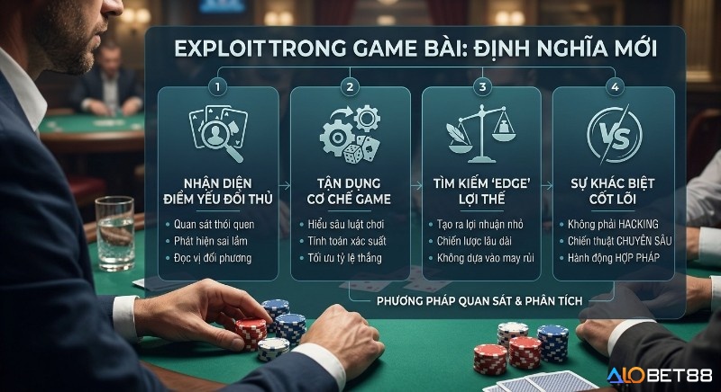 Quy trình 4 bước định nghĩa mới&nbsp;chiến lược exploit là gì trong game bài, cách tận dụng điểm yếu đối thủ bằng quan sát và phân tích