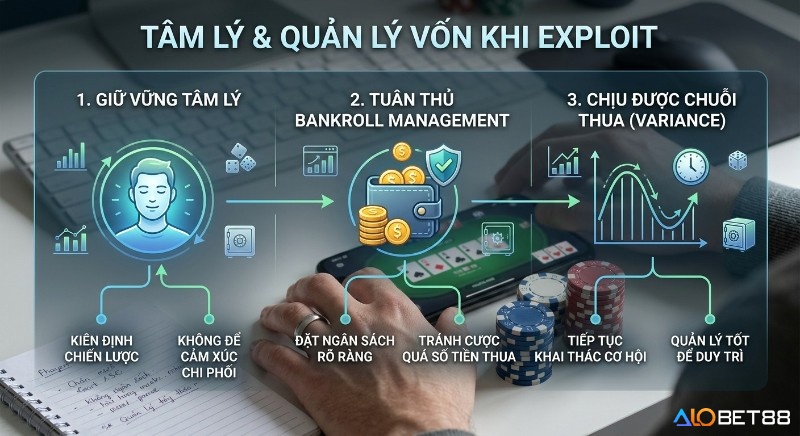 Tổng quan 3 bước giữ vững tâm lý, và bankroll management để exploit, từ kiểm soát cảm xúc đến quản lý vốn hiệu quả dài hạn