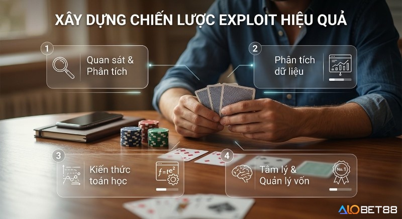 Quy trình 4 yếu tố then chốt để xây dựng chiến lược exploit là gì hiệu quả: quan sát, phân tích dữ liệu, toán học và tâm lý quản lý vốn