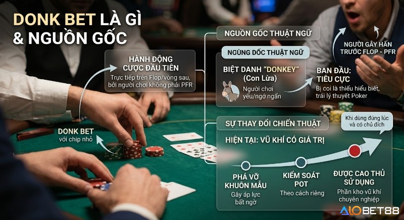 Bảng so sánh khái niệm Donk bet là gì: từ nguồn gốc tiêu cực 'donkey' đến chiến thuật hiện đại, phá vỡ khuôn mẫu và kiểm soát pot