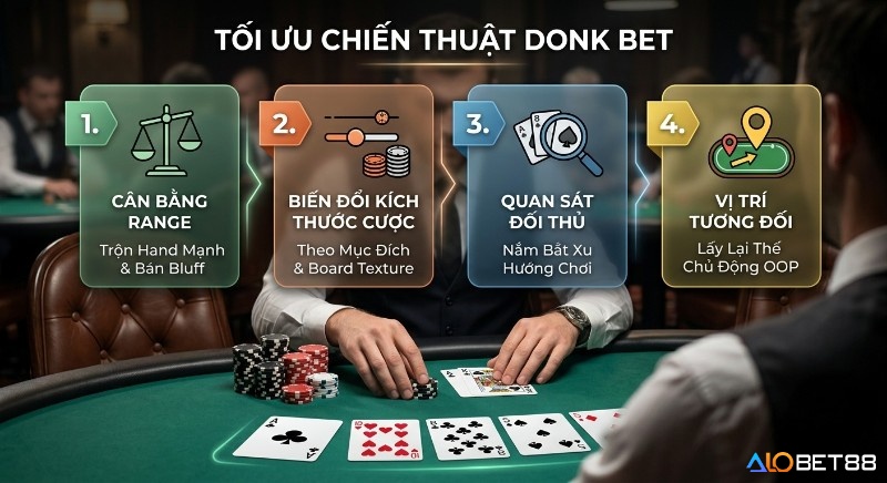 Quy trình 4 bước tối ưu chiến thuật Donk Bet: cân bằng range, biến đổi kích thước cược, quan sát đối thủ và vị trí tương đối để kiểm soát ván bài