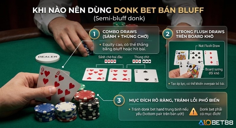 Hướng dẫn 3 tình huống donk bet semi-bluff hiệu quả: combo draws, strong flush draws trên board khô, và mục đích cụ thể