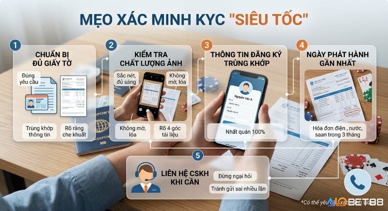 Checklist các mẹo xác minh KYC tài khoản casino siêu tốc giúp người dùng chuẩn bị giấy tờ, ảnh chụp và thông tin đăng ký chính xác, tránh lỗi