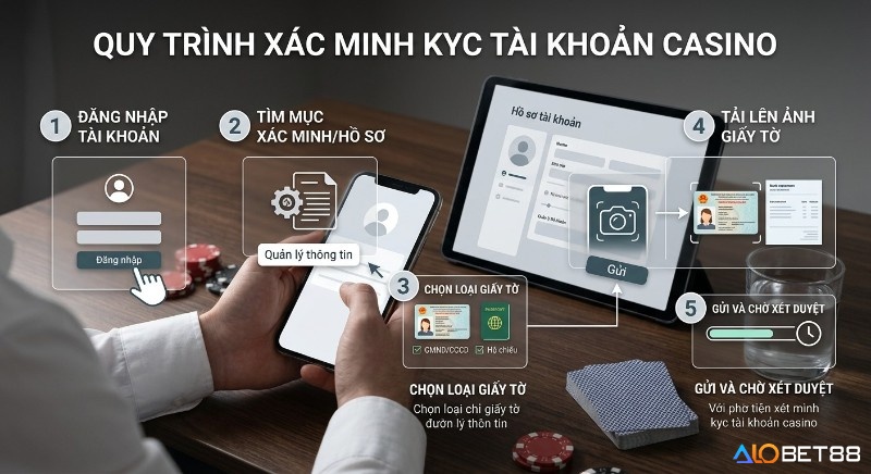 Quy trình 5 bước xác minh KYC tài khoản casino: hướng dẫn đăng nhập, chọn loại giấy tờ và tải ảnh CMND/Hộ chiếu chờ duyệt