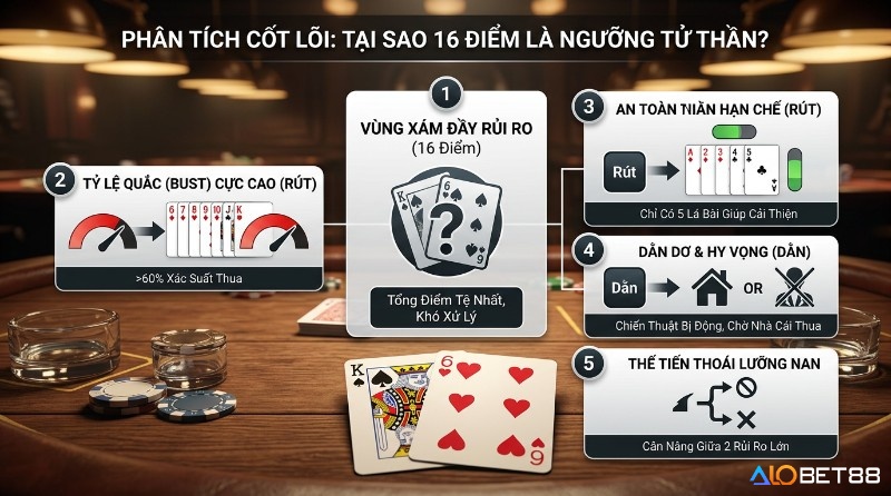 Phân tích 16 điểm Xì Dách là ngưỡng tử thần, tổng điểm tệ nhất khó xử lý, với tỷ lệ quắc >60% khi rút và chỉ 5 lá an toàn, tạo thế tiến thoái lưỡng nan trong phân tích 16 dằn hay rút