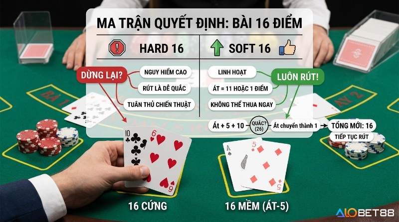 Ma trận quyết định bài 16 điểm trong Blackjack, so sánh Hard 16 (10-6) nguy hiểm nên dừng và Soft 16 (Át-5) linh hoạt luôn rút