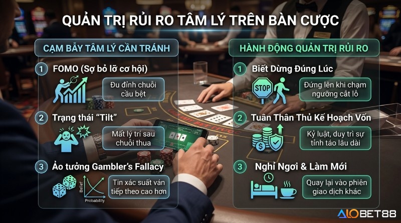 Quản trị rủi ro tâm lý trên bàn cược: tránh FOMO, trạng thái Tilt, ảo tưởng Gambler's Fallacy; thực hiện dừng lỗ, tuân thủ vốn, nghỉ ngơi