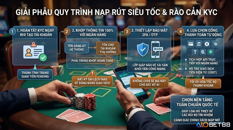 Giải phẫu quy trình nạp rút siêu tốc, rào cản KYC: hoàn tất xác minh danh tính, khớp thông tin ngân hàng, bảo mật 2FA/OTP, chọn cổng thanh toán tự động