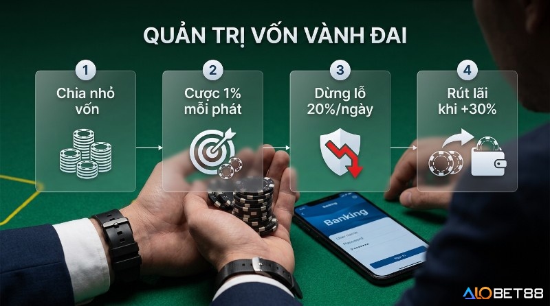 Quản trị vốn vành đai tối ưu lợi nhuận: 4 bước chia nhỏ vốn, cược 1%, dừng lỗ 20%/ngày, rút lãi khi +30%, cùng chip và điện thoại banking