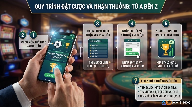 Quy trình đặt cược outrights và nhận thưởng tự động trên điện thoại: chọn môn, tìm mục chung cuộc, chọn đội, nhập tiền, xác nhận và nhận thưởng