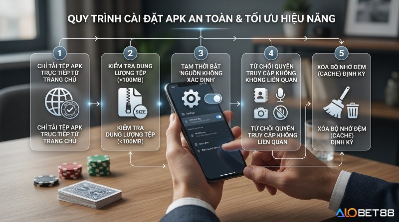 Quy trình 5 bước cài đặt APK an toàn, tối ưu hiệu năng của game nổ hũ cho Android: tải trang chủ, kiểm tra dung lượng, bật nguồn không xác định, từ chối quyền, xóa cacheQuy trình 5 bước cài đặt APK an toàn, tối ưu hiệu năng: tải trang chủ, kiểm tra dung lượng, bật nguồn không xác định, từ chối quyền, xóa cache