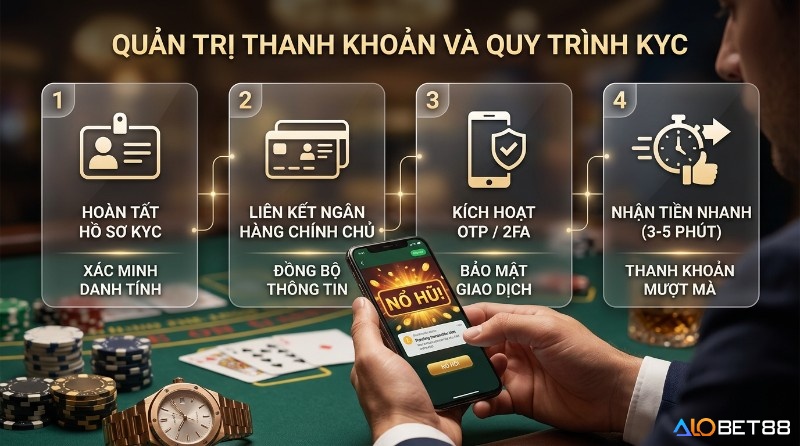 Quản trị thanh khoản và quy trình KYC với 4 bước trong&nbsp;game nổ hũ cho Android: hoàn tất hồ sơ, liên kết ngân hàng, kích hoạt OTP/2FA, nhận tiền nhanh 3-5 phút