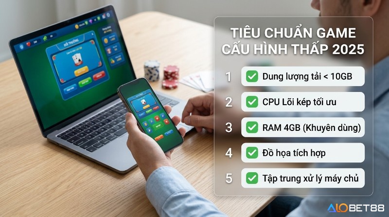 Tiêu chuẩn game online cấu hình yêu cầu thấp 2026 với dung lượng <10GB, CPU lõi kép, RAM 4GB, đồ họa tích hợp, xử lý máy chủ, hiển thị trên laptop và điện thoại chơi game bài