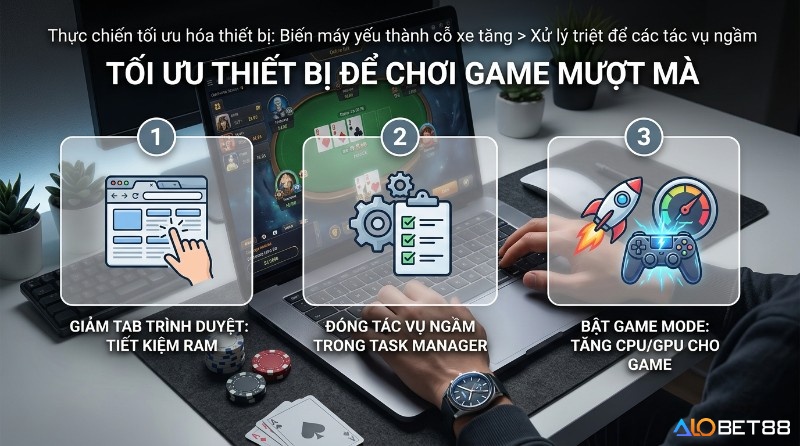 Tối ưu hóa thiết bị để chơi&nbsp;game online cấu hình yêu cầu thấp mà bằng cách giảm tab trình duyệt, đóng tác vụ ngầm trong Task Manager và bật Game Mode