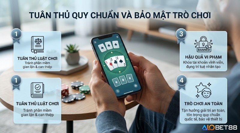 Tuân thủ quy chuẩn quốc tế và bảo mật khi chơi&nbsp;game online cấu hình yêu cầu thấp, tránh gian lận, hệ thống AI chống cheat, hậu quả khóa tài khoản.