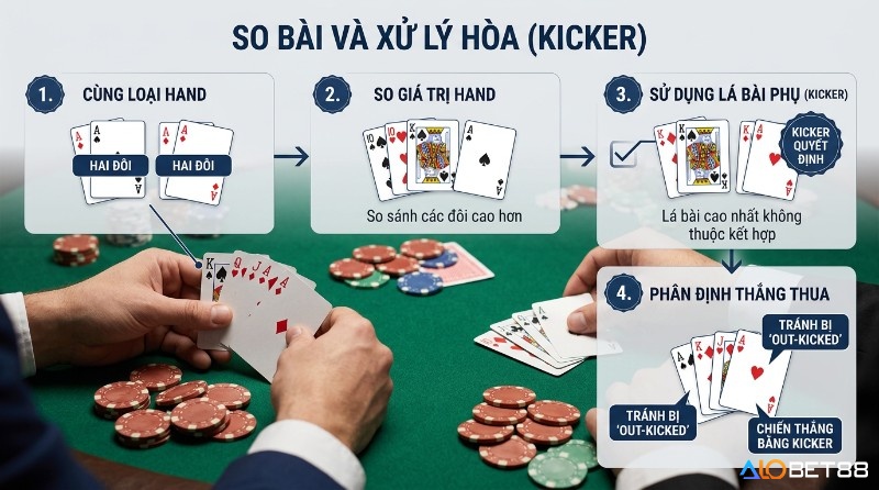 Quy tắc so bài và xử lý hòa Kicker trong Poker, minh họa các bước xác định thắng thua bằng giá trị bài và lá bài phụ, với ví dụ hai đôi và kicker trong hand rankings poker từ cao xuống