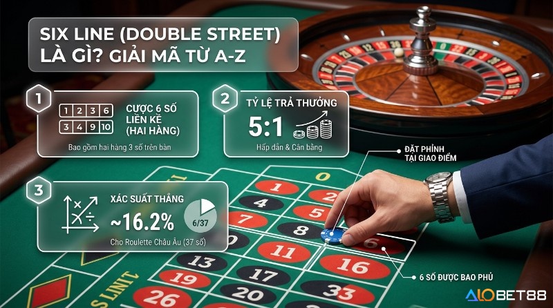 Six Line (Double Street) trong Roulette là cược bao phủ 6 số liên tiếp trên hai hàng, trả thưởng 5:1 với xác suất khoảng 16.2% ở Roulette châu Âu trong six line (double street) là gì